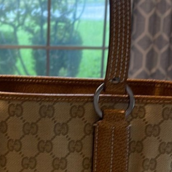 EUC Authentic Gucci Medium Monogram Tote Canvas Leather Tan Brown - Picture 9 of 13